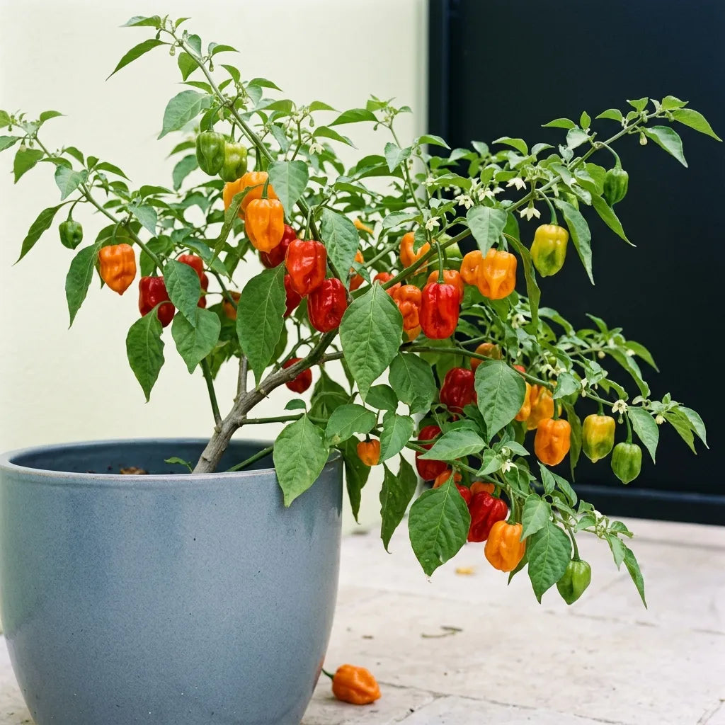 Pied de piment antillais en grand pot de grès sur une terrasse, portant des fruits verts, jaunes, orange et rouges — SemiSauvage