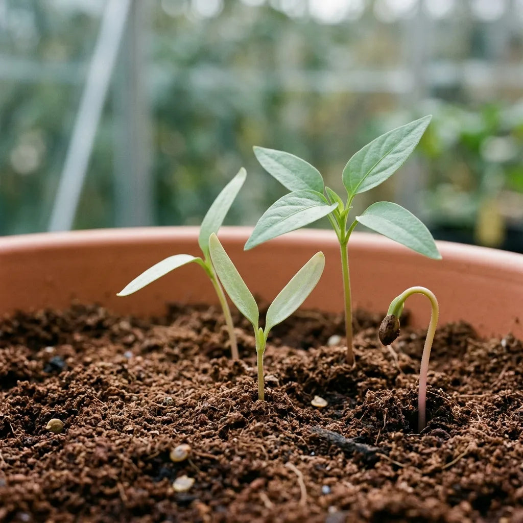 Plantules de piment antillais : levée en crosse, graine encore coiffante et cotylédons étroits — SemiSauvage