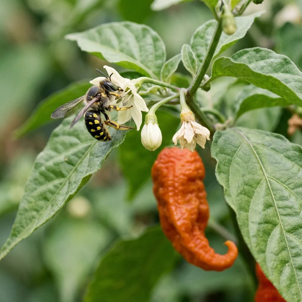 Anthidie à manchettes, abeille solitaire, butinant une fleur de Bhut Jolokia — SemiSauvage