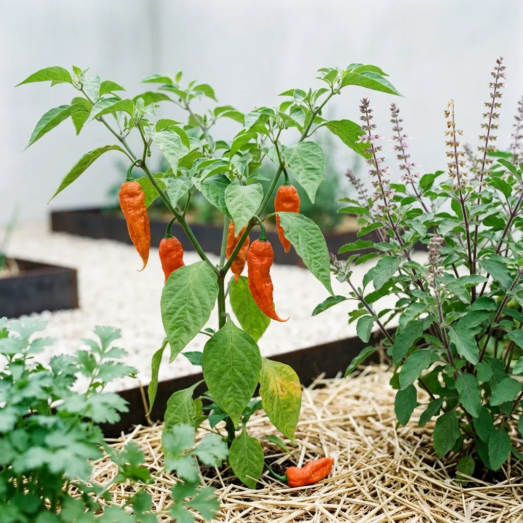 Association en carré chaud : Bhut Jolokia, basilic sacré tulsi et coriandre — SemiSauvage