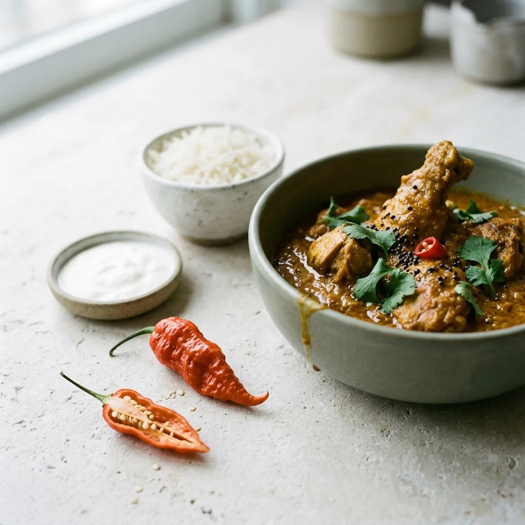 Curry du nord-est de l'Inde relevé d'une fraction de Bhut Jolokia, riz et yaourt — SemiSauvage
