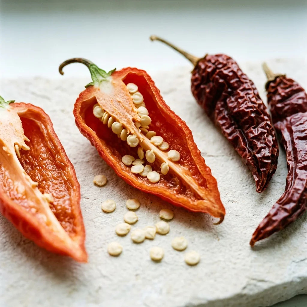 Bhut Jolokia fendu et fruits séchés : placenta, paroi fine et graines crème — SemiSauvage