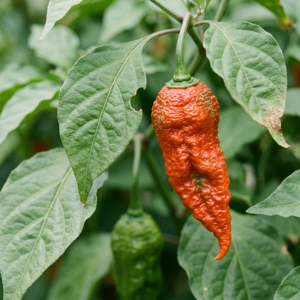Macro d'un Bhut Jolokia pendant : peau extrêmement ridée et pointe recourbée en crochet — SemiSauvage
