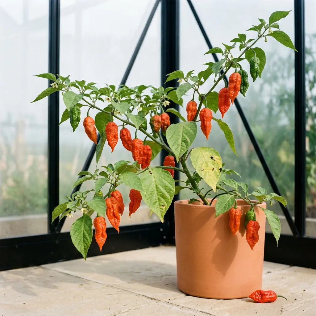 Pied de Bhut Jolokia en grand pot de terre cuite sous serre, chargé de fruits rouges et verts — SemiSauvage