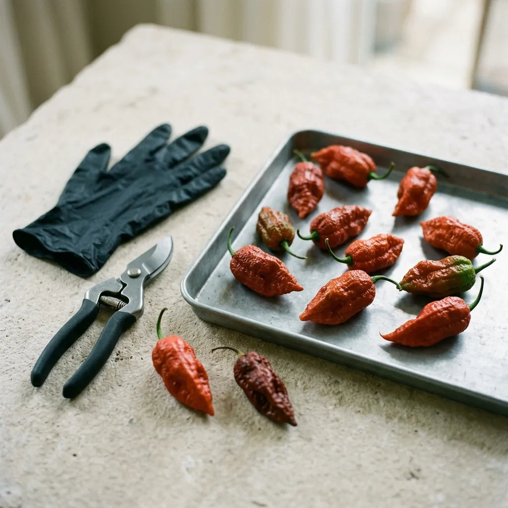 Récolte du Bhut Jolokia au sécateur et avec des gants, fruits sur un plateau de zinc — SemiSauvage