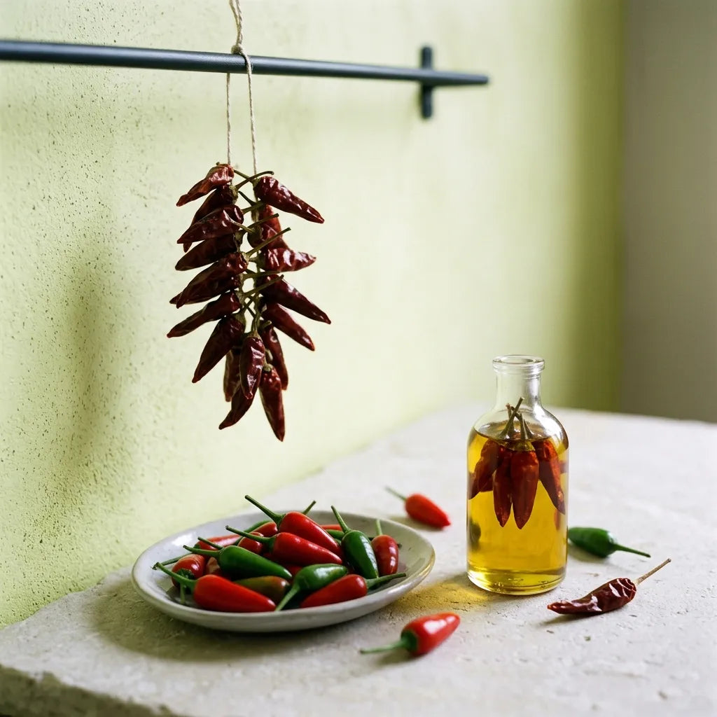 Conservation du piment oiseau : chapelet en séchage, fruits frais et huile pimentée infusée — SemiSauvage