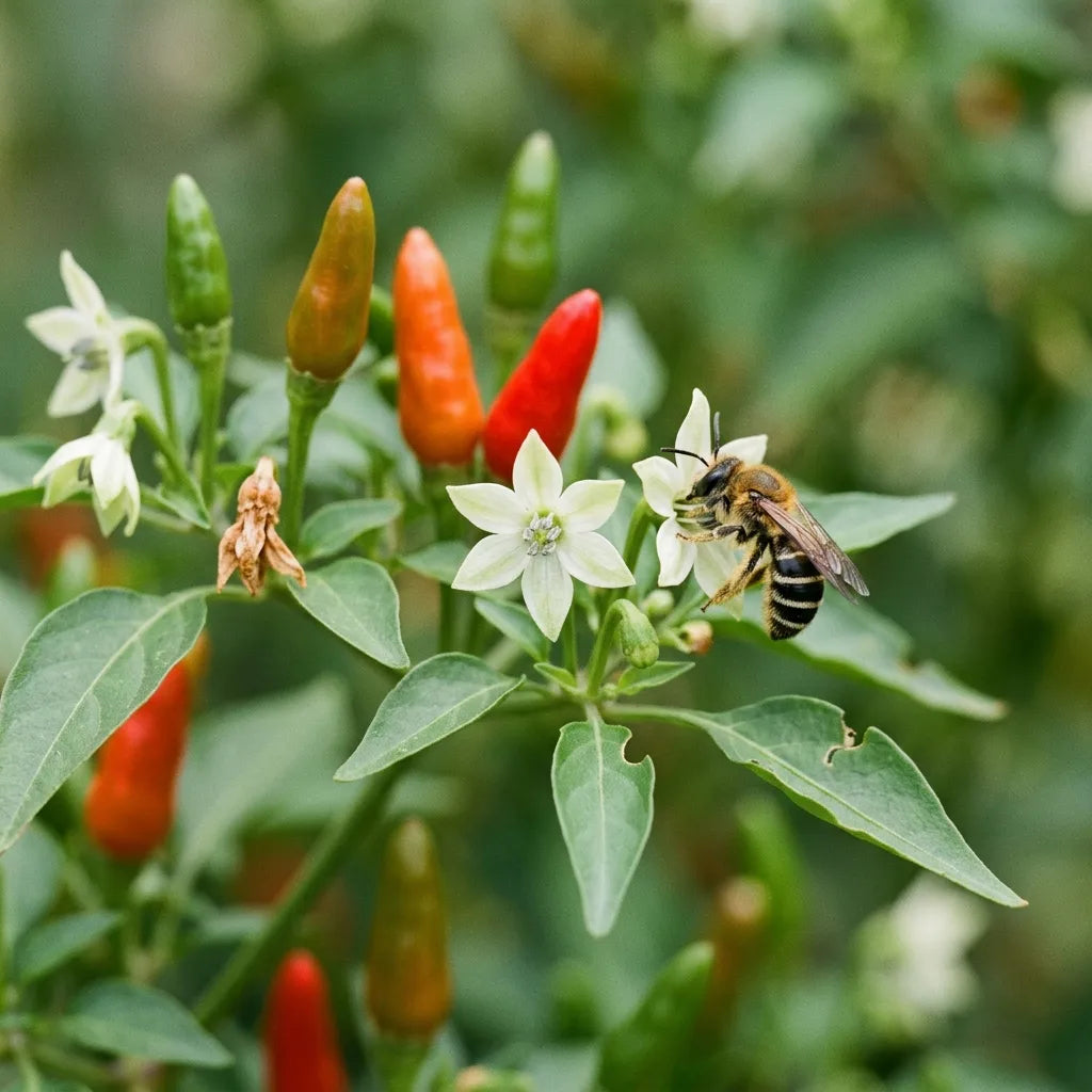 Halicte de la scabieuse, abeille solitaire, butinant une fleur de piment oiseau — SemiSauvage