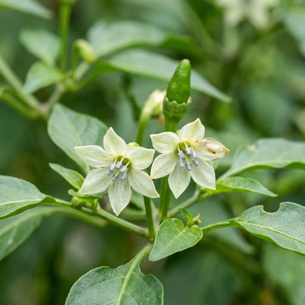Macro des fleurs de Capsicum frutescens : corolles blanc verdâtre à pédoncule dressé, deux par nœud — SemiSauvage