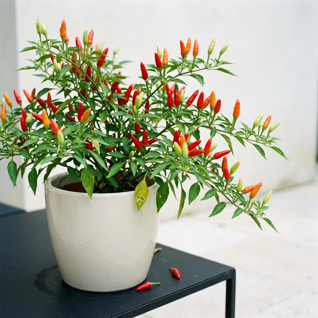 Pied de piment oiseau en pot de grès, couvert de dizaines de petits fruits dressés — SemiSauvage