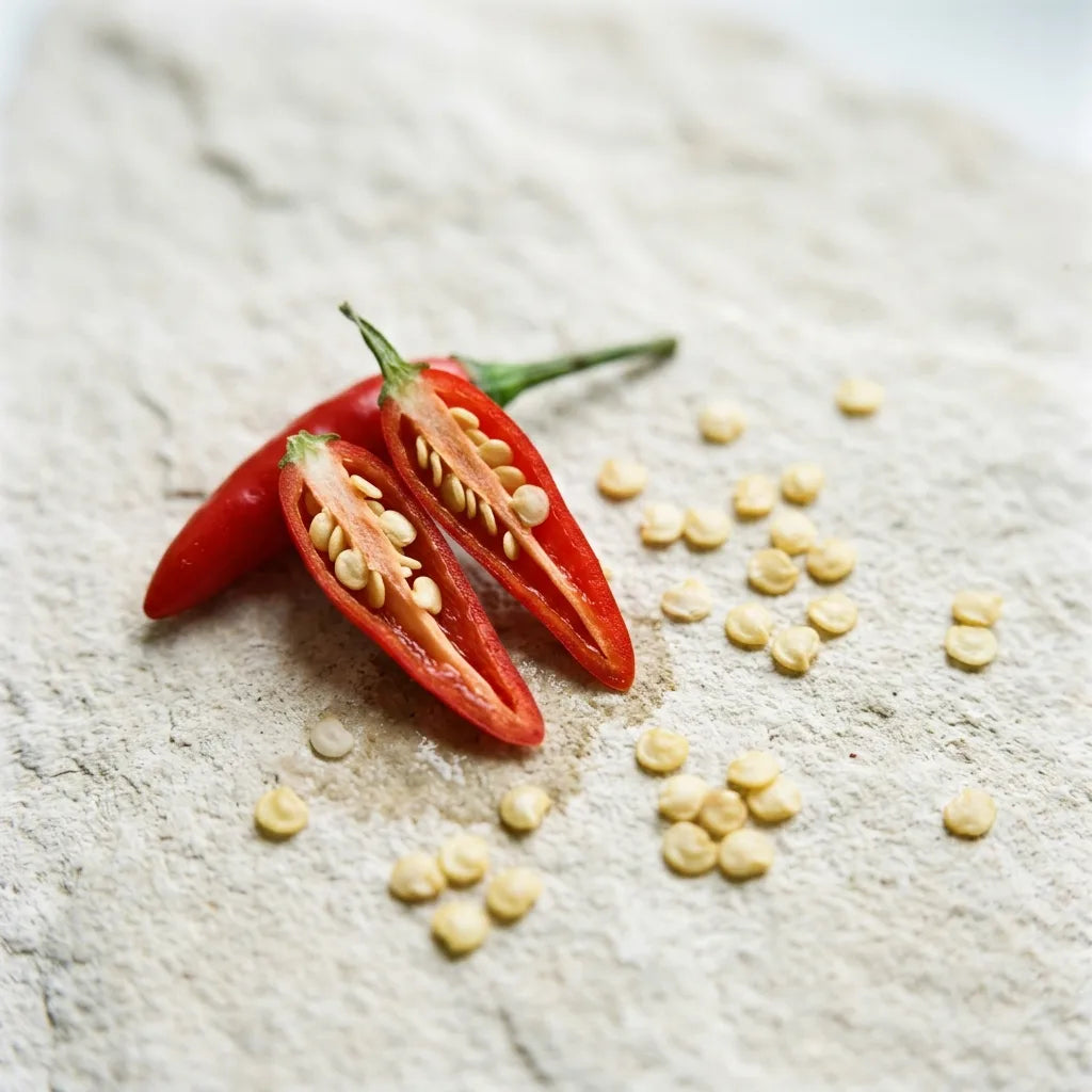 Récolte des graines de piment oiseau : fruits fendus, placenta et graines jaune paille — SemiSauvage
