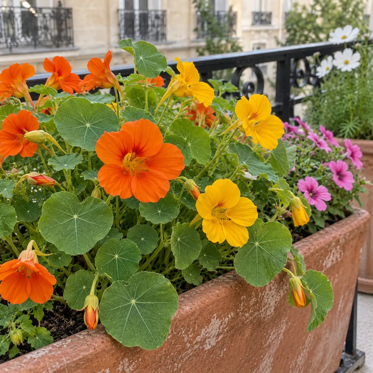 Capucines naines orange et jaunes en jardinière sur un balcon, avec des pétunias roses en arrière-plan.