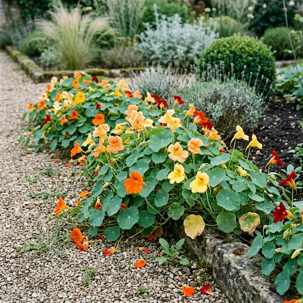 Capucines naines en bordure d'allée dans un jardin d'ornement — SemiSauvage