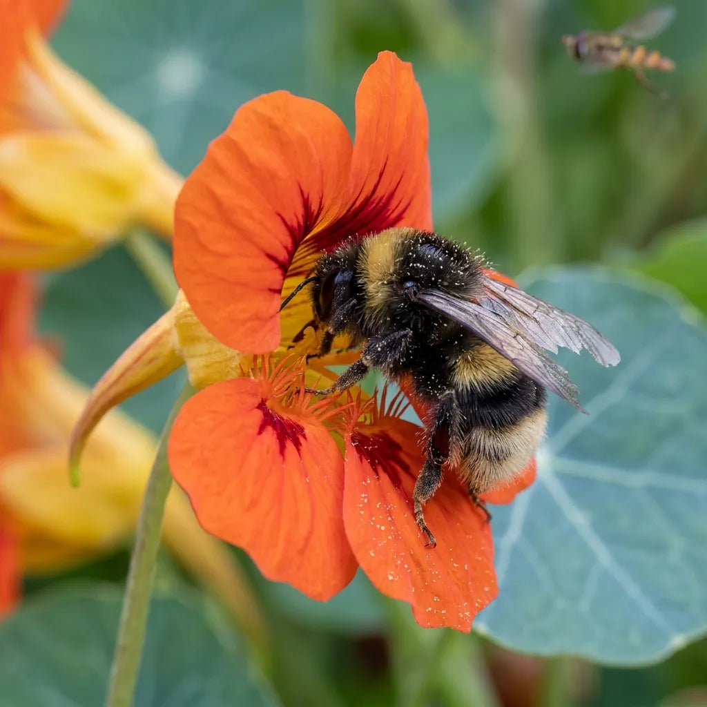 Bourdon butinant une fleur de capucine naine — SemiSauvage