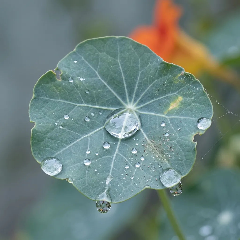 Macro d'une feuille peltée de capucine et de ses gouttes d'eau en perles — SemiSauvage