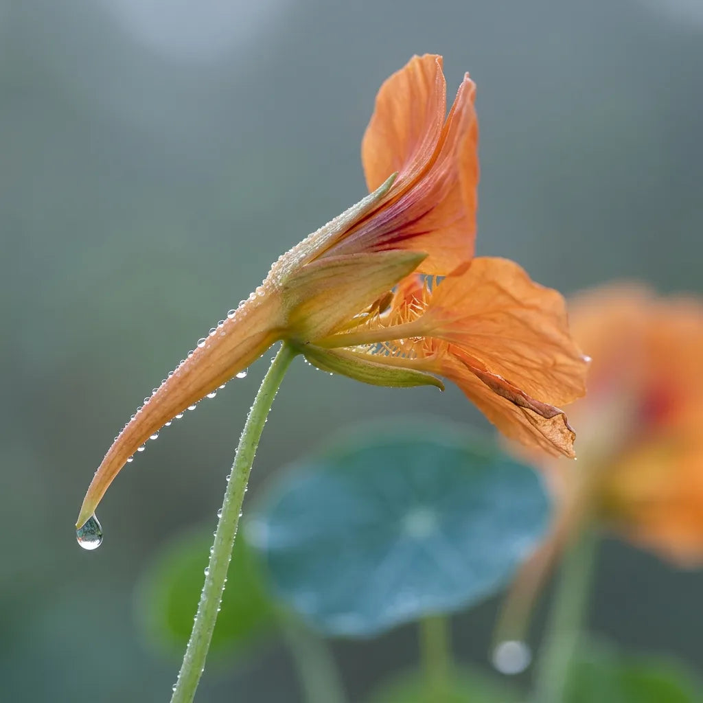 Macro de profil d'une fleur de capucine et de son long éperon nectarifère — SemiSauvage