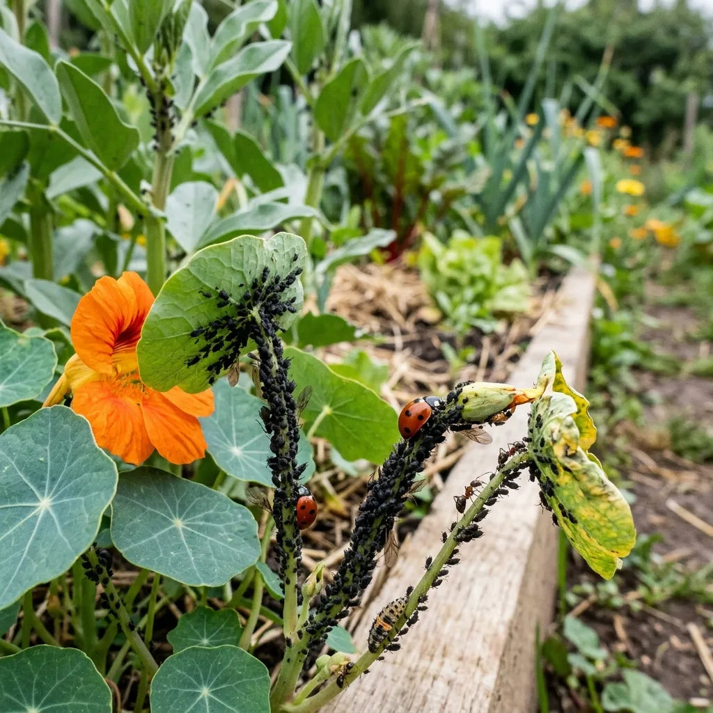 Capucine en plante piège : colonie de pucerons noirs et coccinelles — SemiSauvage