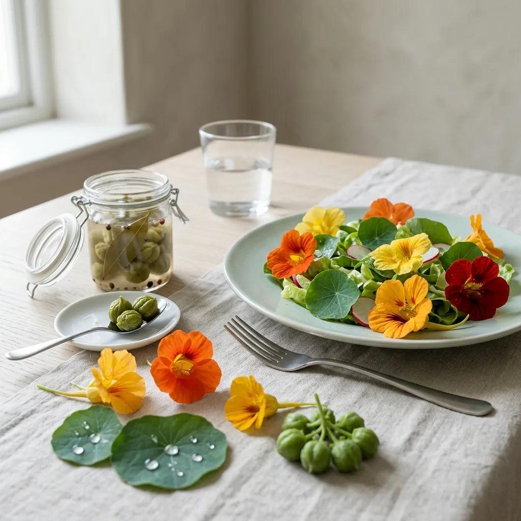Salade aux fleurs et feuilles de capucine, câpres de capucine en bocal — SemiSauvage