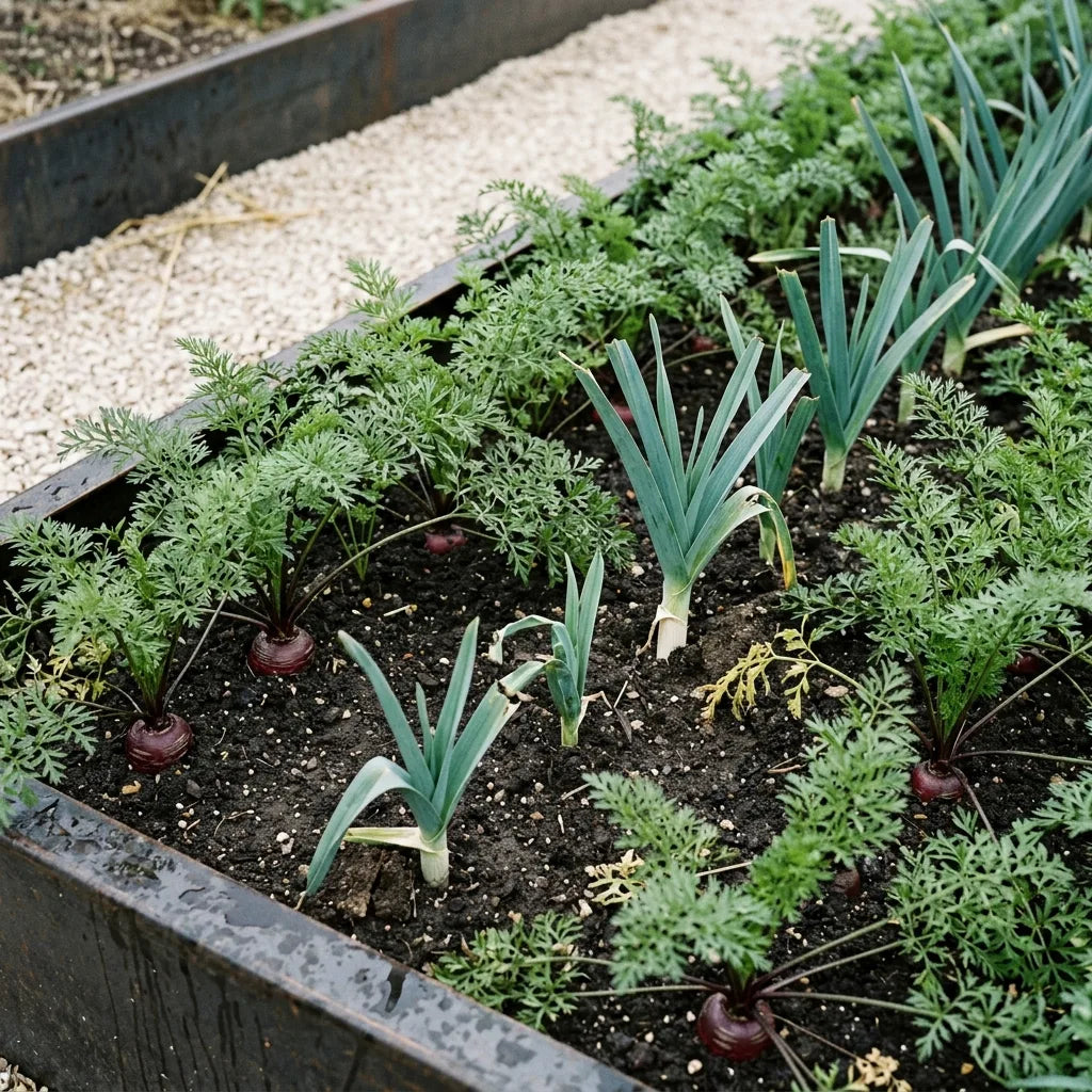Association au potager : rangs alternés de carottes et de poireaux, dentelle verte contre éventail glauque — SemiSauvage