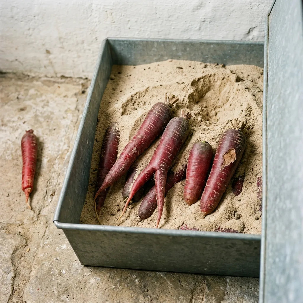 Conservation hivernale des carottes en silo de sable dans un bac de zinc, collets coupés au ras — SemiSauvage