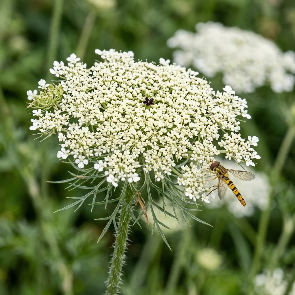 Ombelle blanche de carotte montée à graines, collerette de bractées découpées et fleur centrale pourpre, avec un syrphe — SemiSauvage