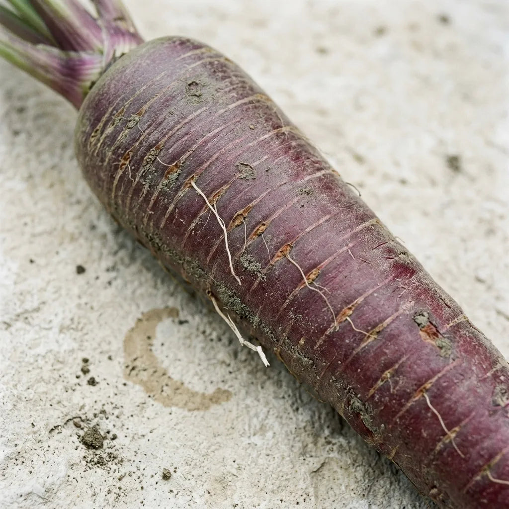 Macro de la peau d'une carotte Rouge Sang fraîchement arrachée : anneaux transversaux, cicatrices de radicelles et terre sèche dans les creux — SemiSauvage