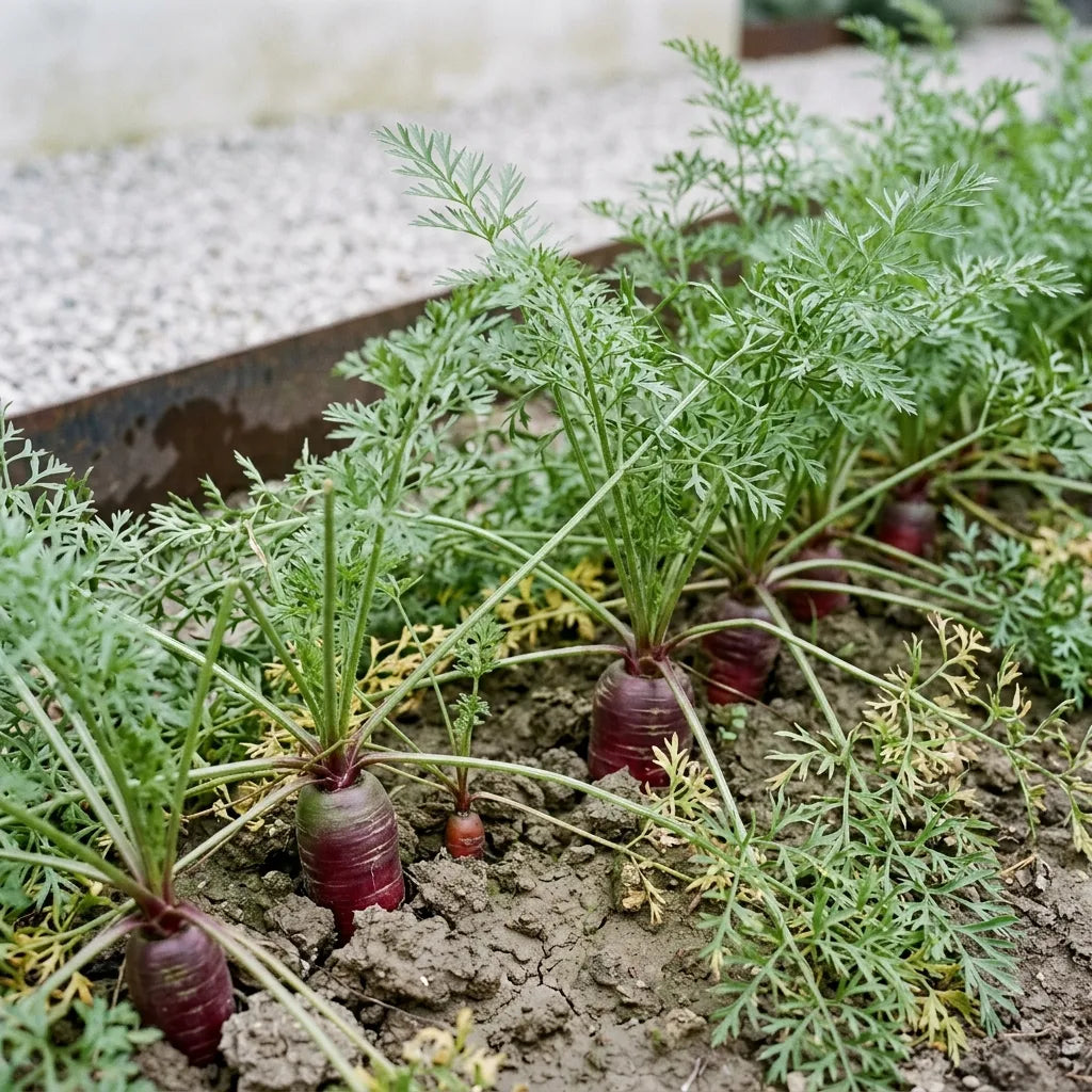 Rang de carottes Rouge Sang au potager, fanes finement découpées et collets rouge violacé affleurant la terre — SemiSauvage
