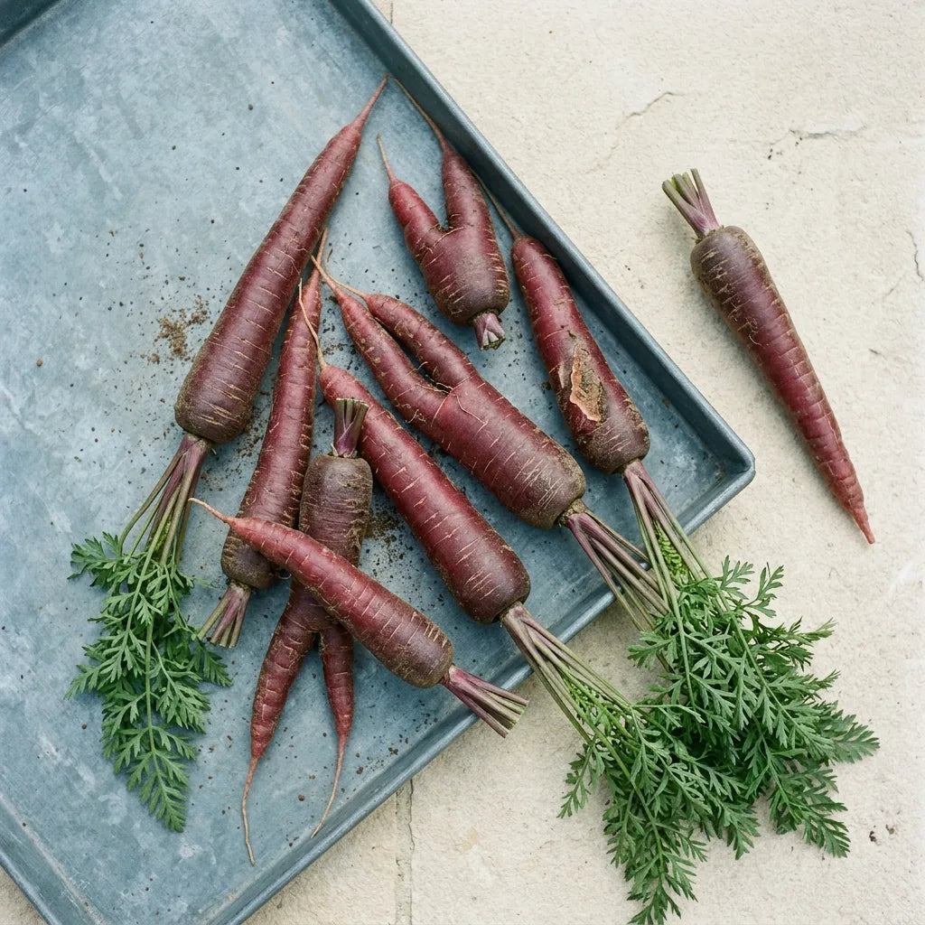 Récolte de carottes Rouge Sang en vrac sur un plateau de zinc mat, fanes raccourcies — SemiSauvage