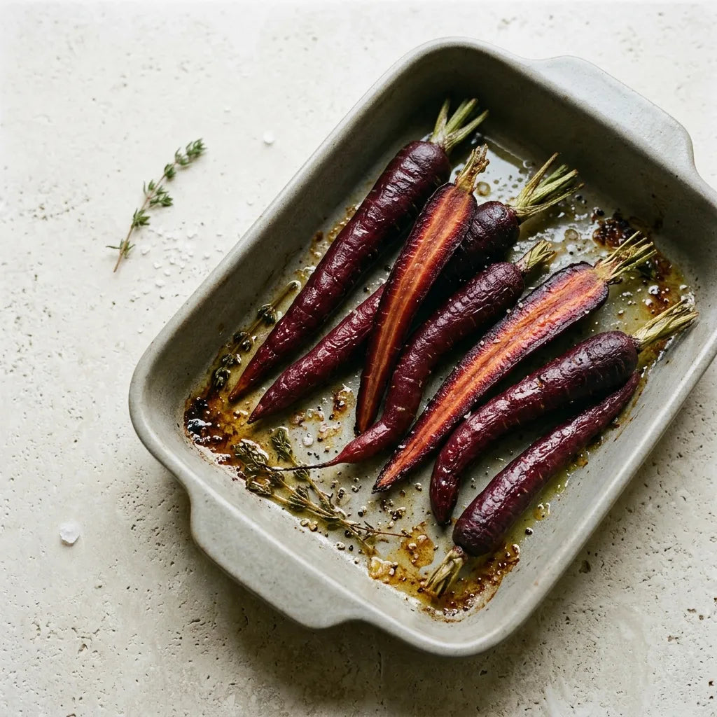 Carottes Rouge Sang rôties entières : la couleur rouge violacé tient à la cuisson, le cœur reste orangé clair — SemiSauvage