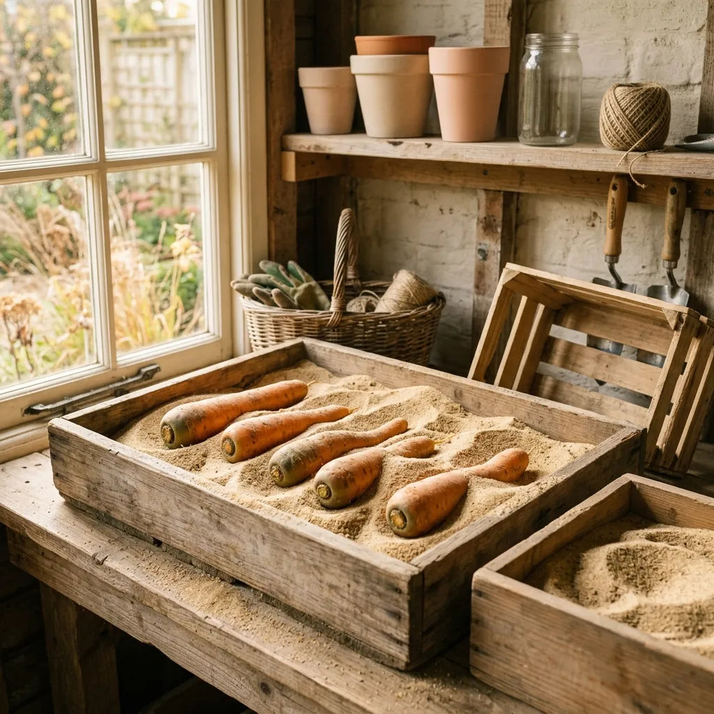 Conservation des carottes en silo de sable dans une caisse de bois, en remise de jardin