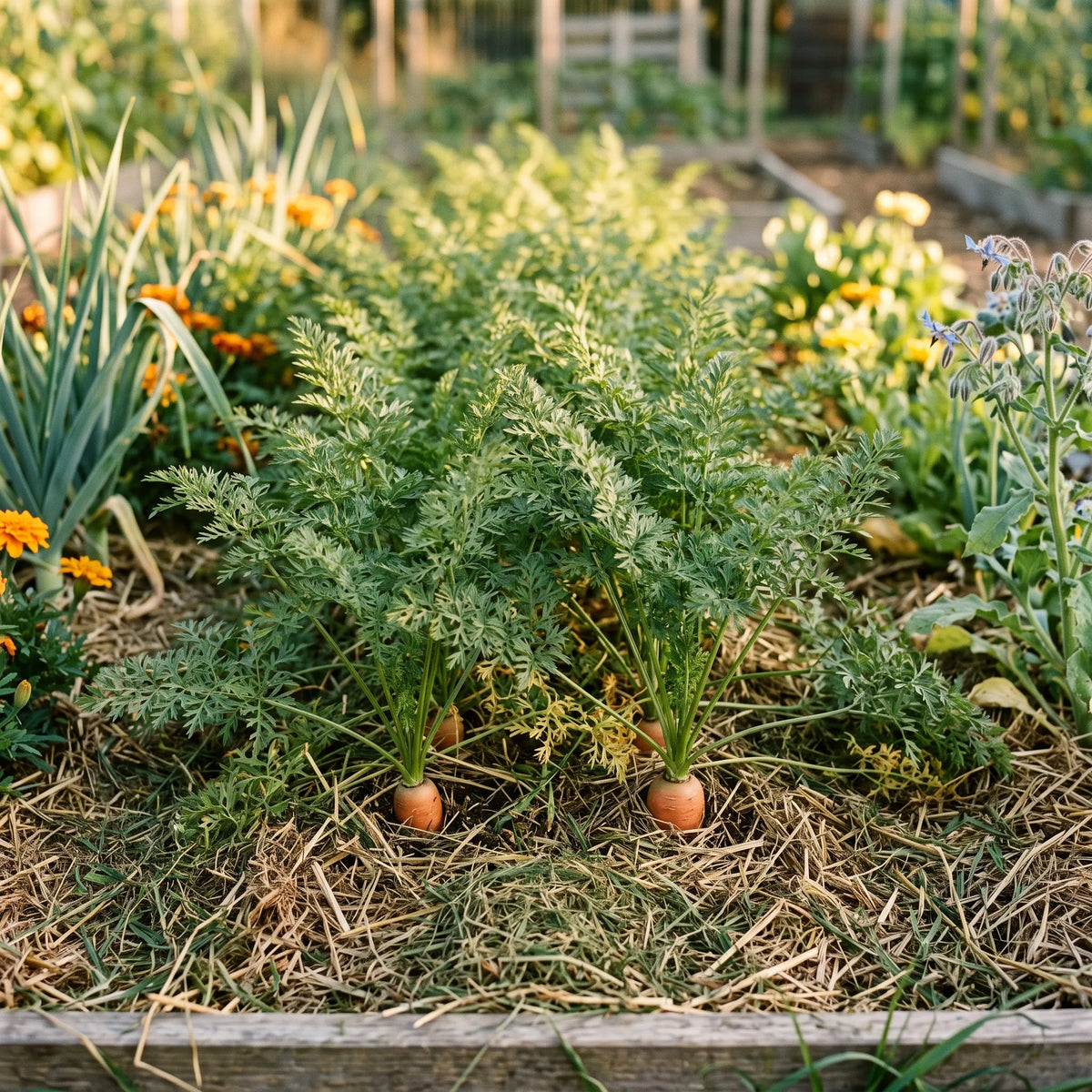 Rang de carottes Nantaises à maturité dans un potager en permaculture au sol paillé