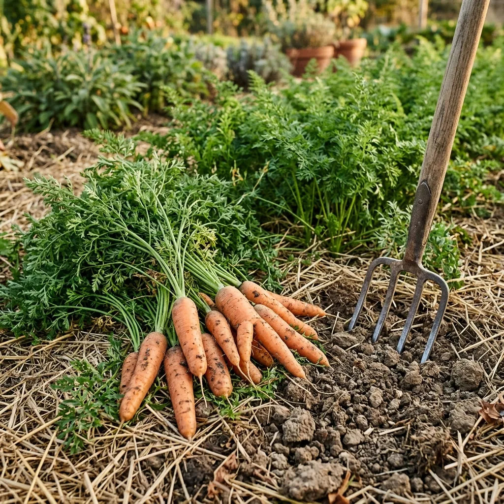 Récolte de carottes Nantaises déposées en tas sur le sol paillé du potager