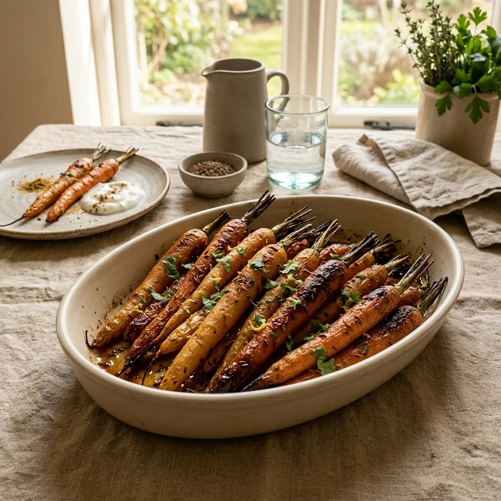 Carottes rôties au miel et au cumin dans un plat en céramique artisanale