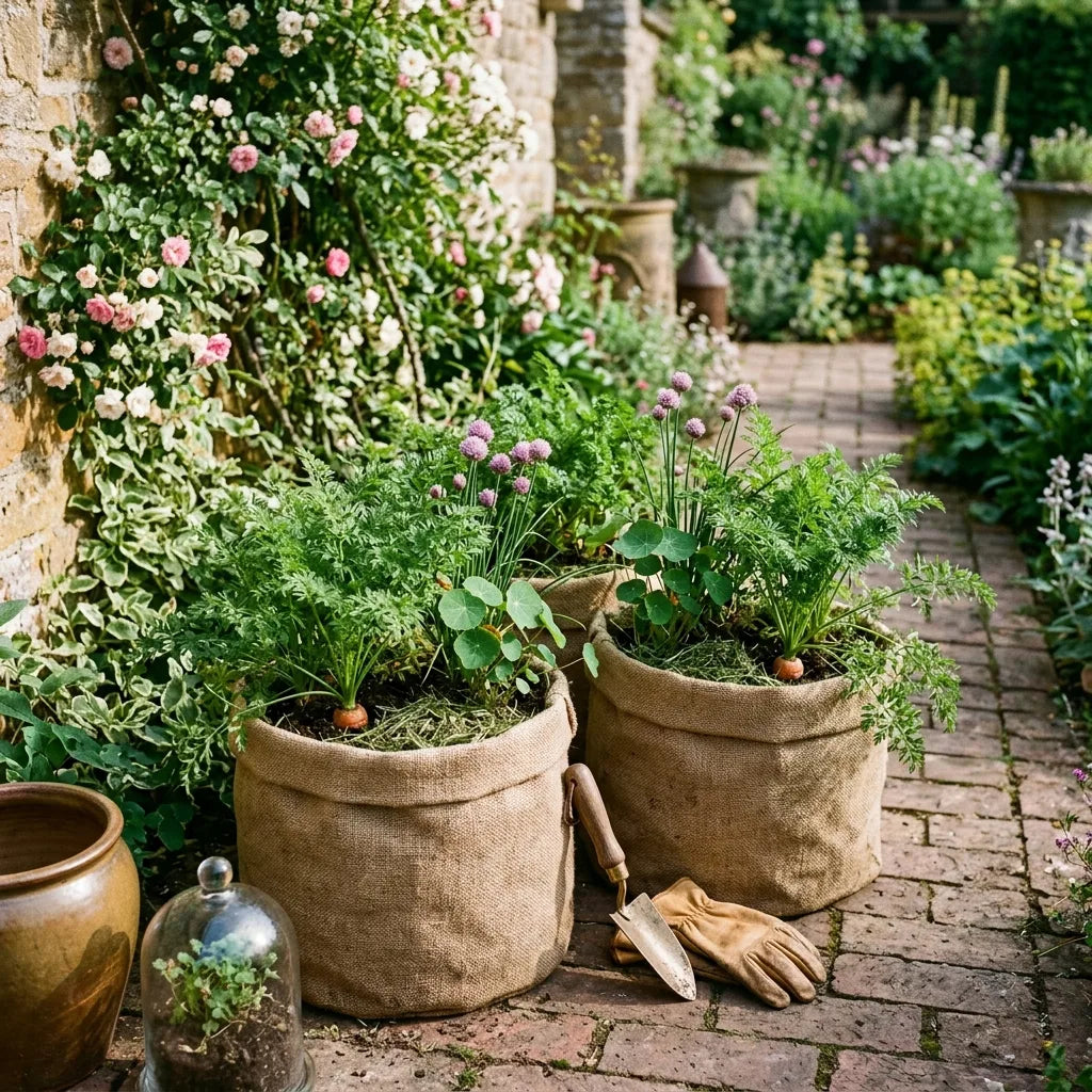 Carottes cultivées en sacs de toile de jute le long d'une allée de briques