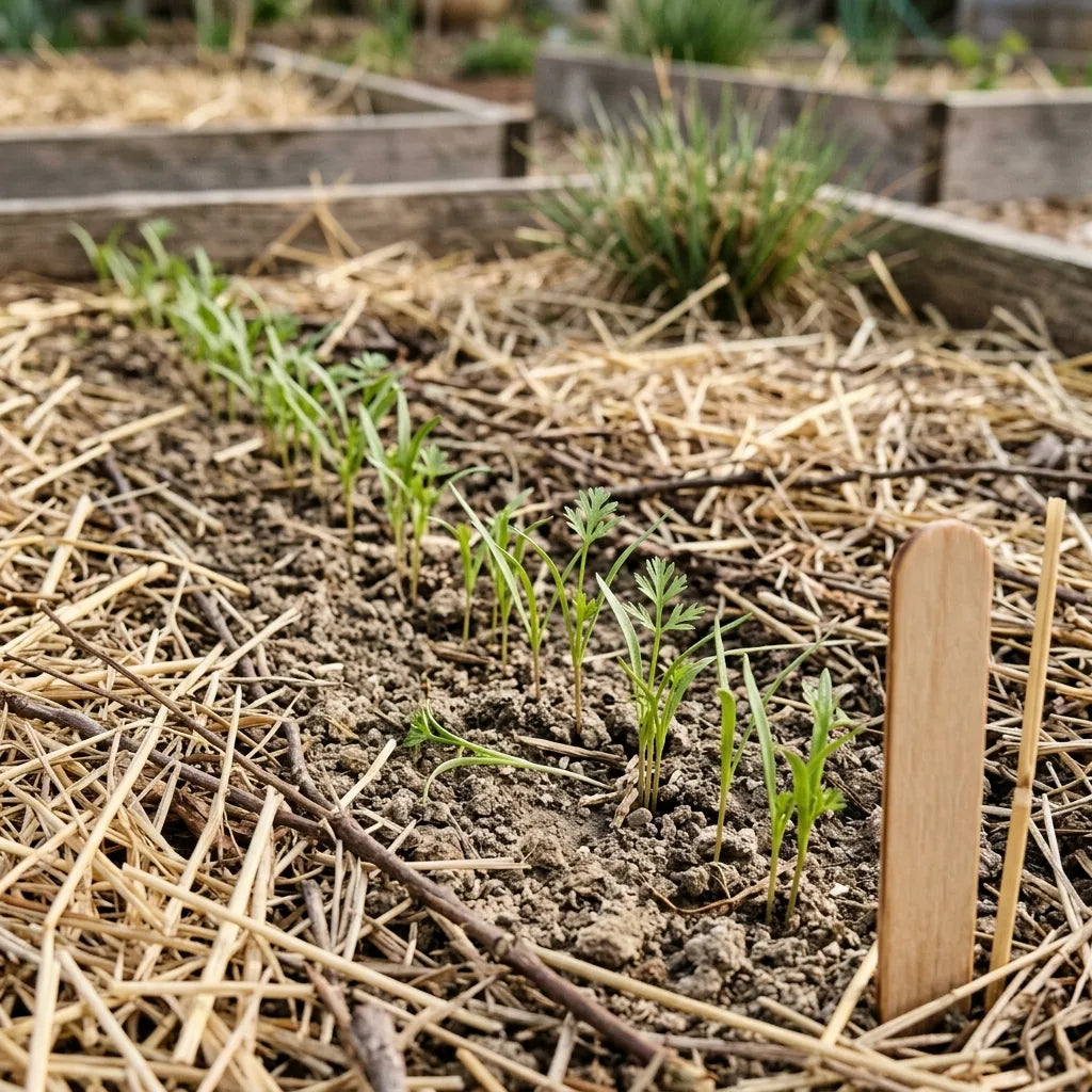 Jeunes plantules de carotte venant de lever en ligne dans un carré potager