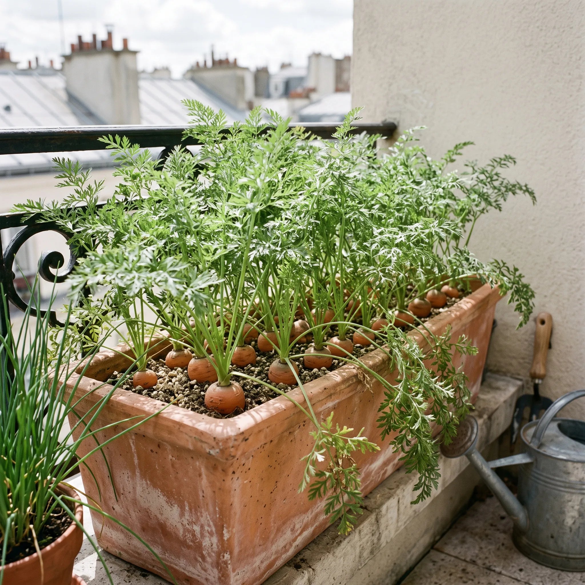 Carottes parisiennes cultivees en jardiniere de terre cuite sur un balcon