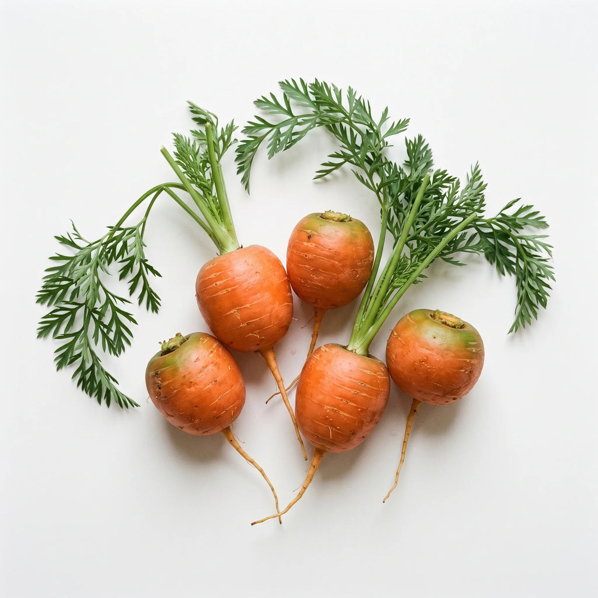 Carottes parisiennes rondes avec leurs fanes sur fond blanc, racines spheriques orange vif