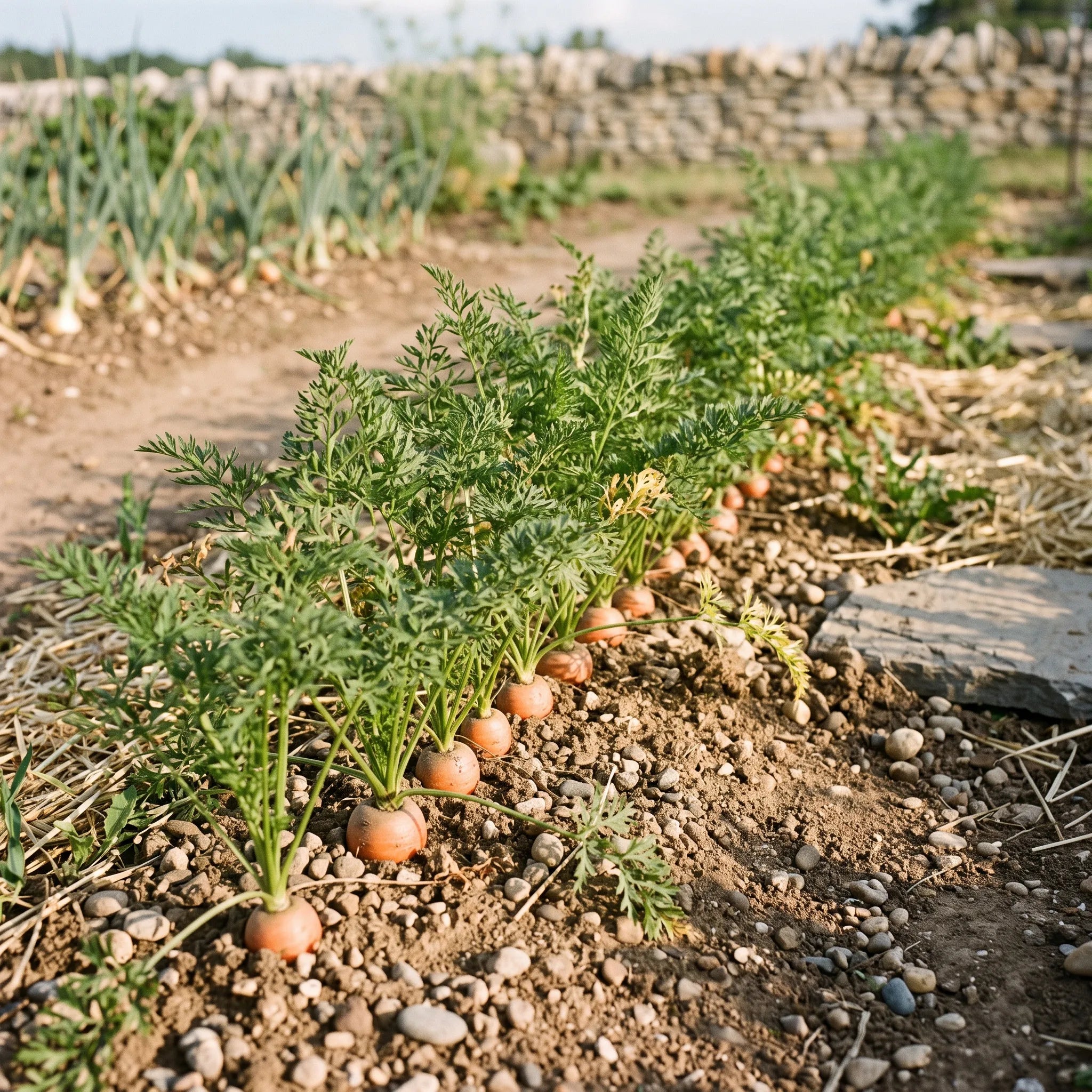 Rang de carottes parisiennes sur un sol peu profond et caillouteux au potager