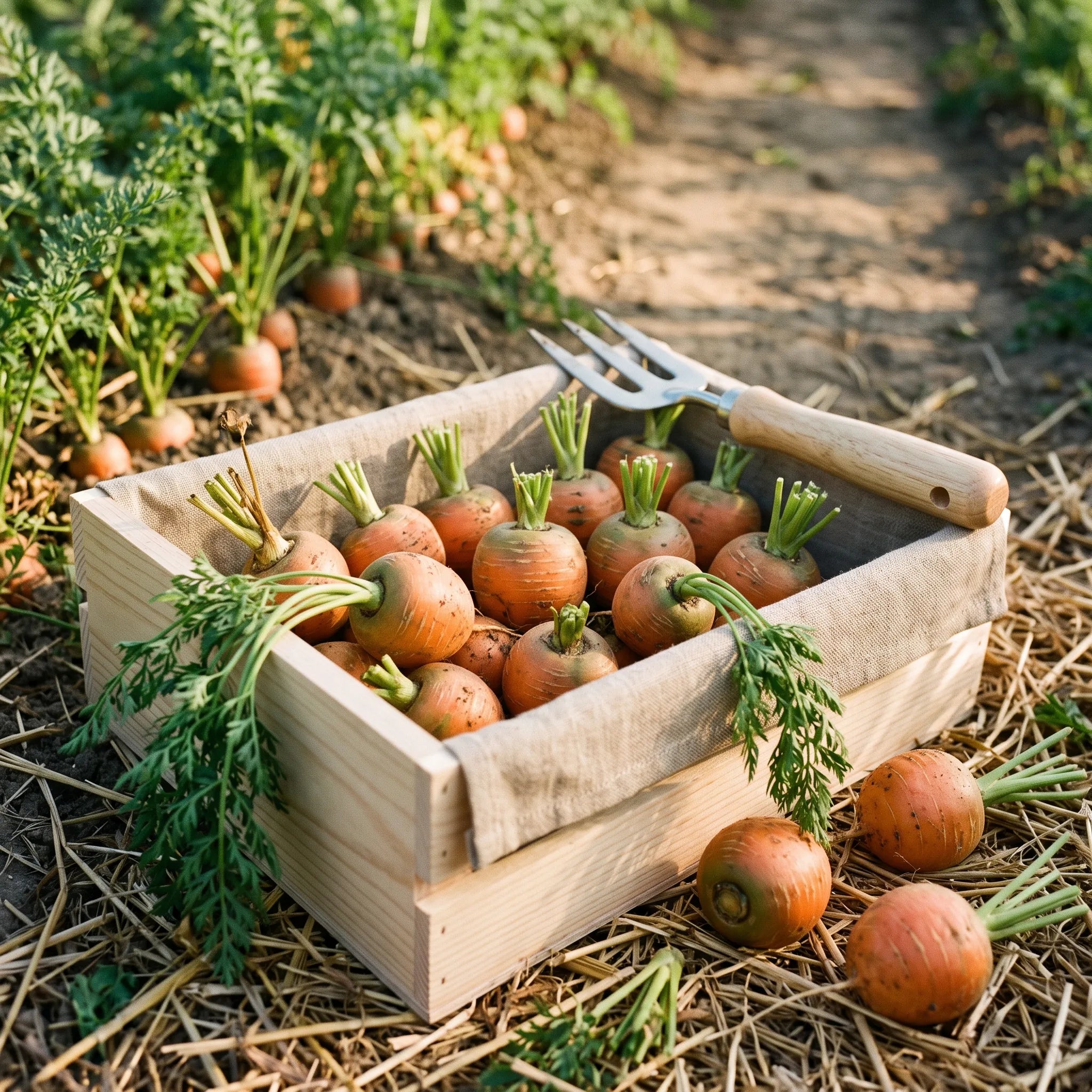 Recolte jeune de carottes parisiennes rondes dans une cagette de bois clair