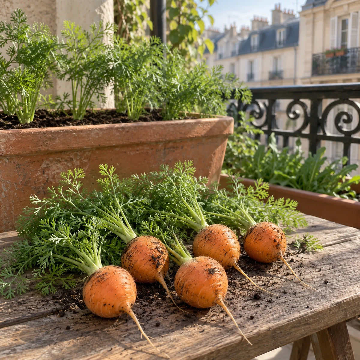 Petites carottes Parisiennes rondes récoltées, avec leurs fanes, devant une jardinière de balcon.