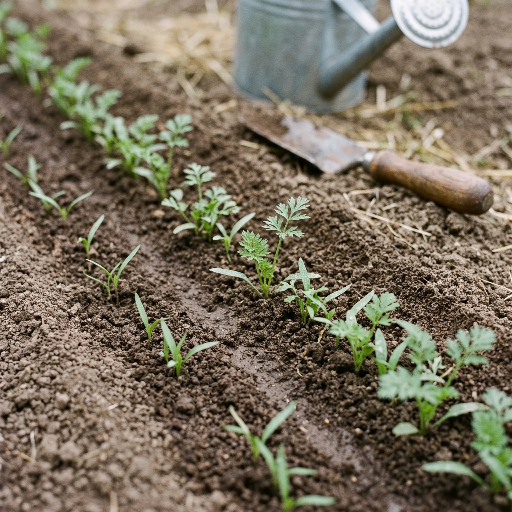Semis de carotte parisienne en sillon, jeunes plantules a cotyledons lineaires