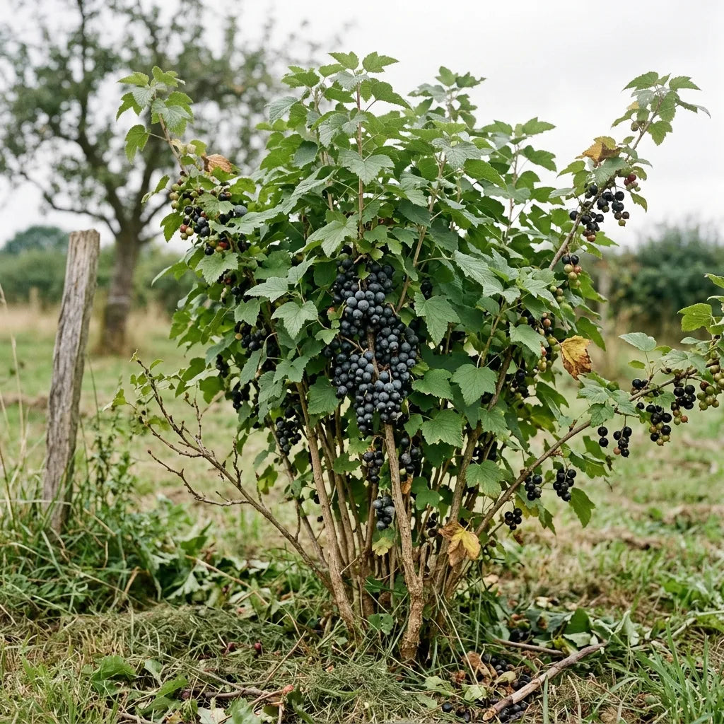 Buisson de cassis en pleine production dans un verger — SemiSauvage