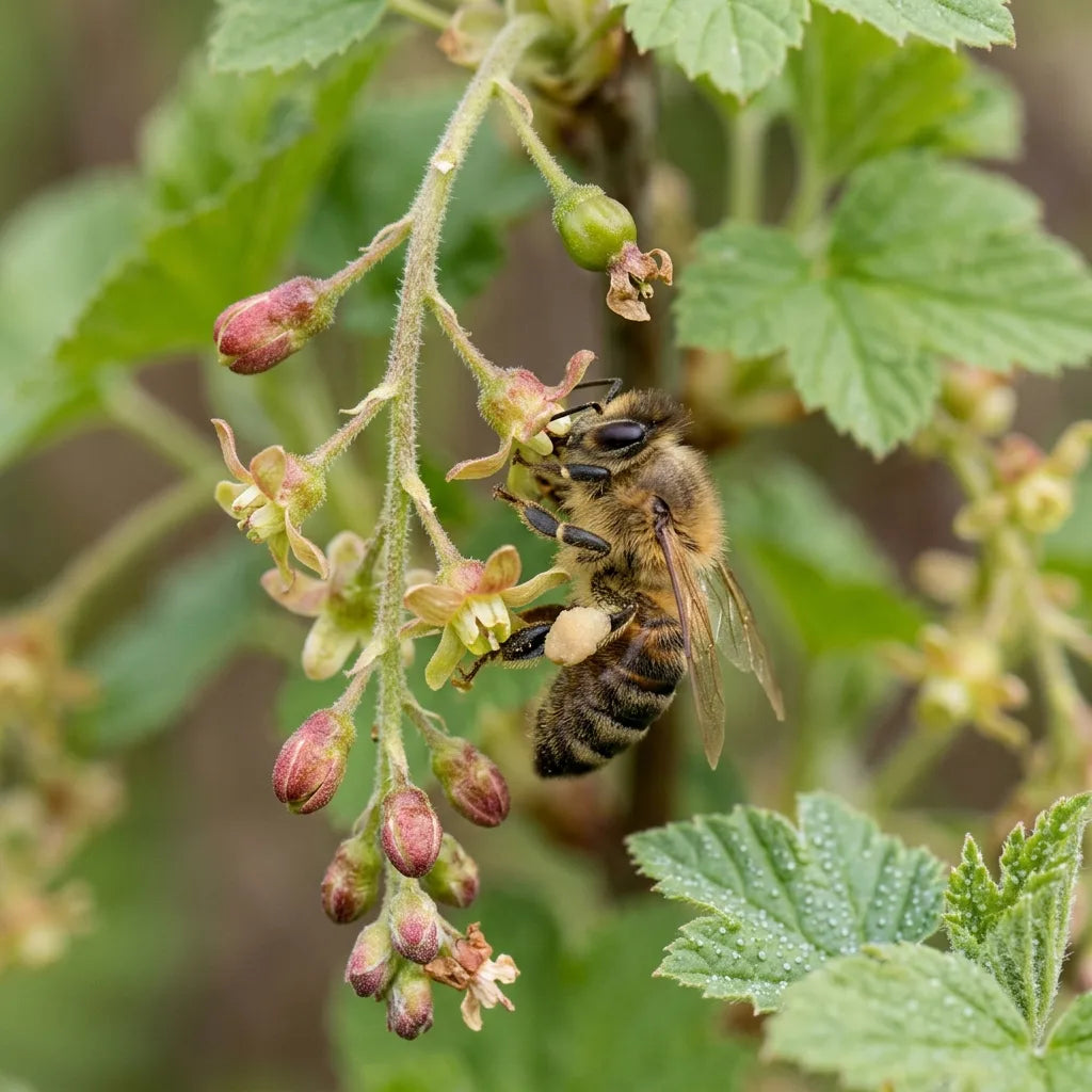 Abeille butinant les grappes de fleurs printanières du cassis — SemiSauvage