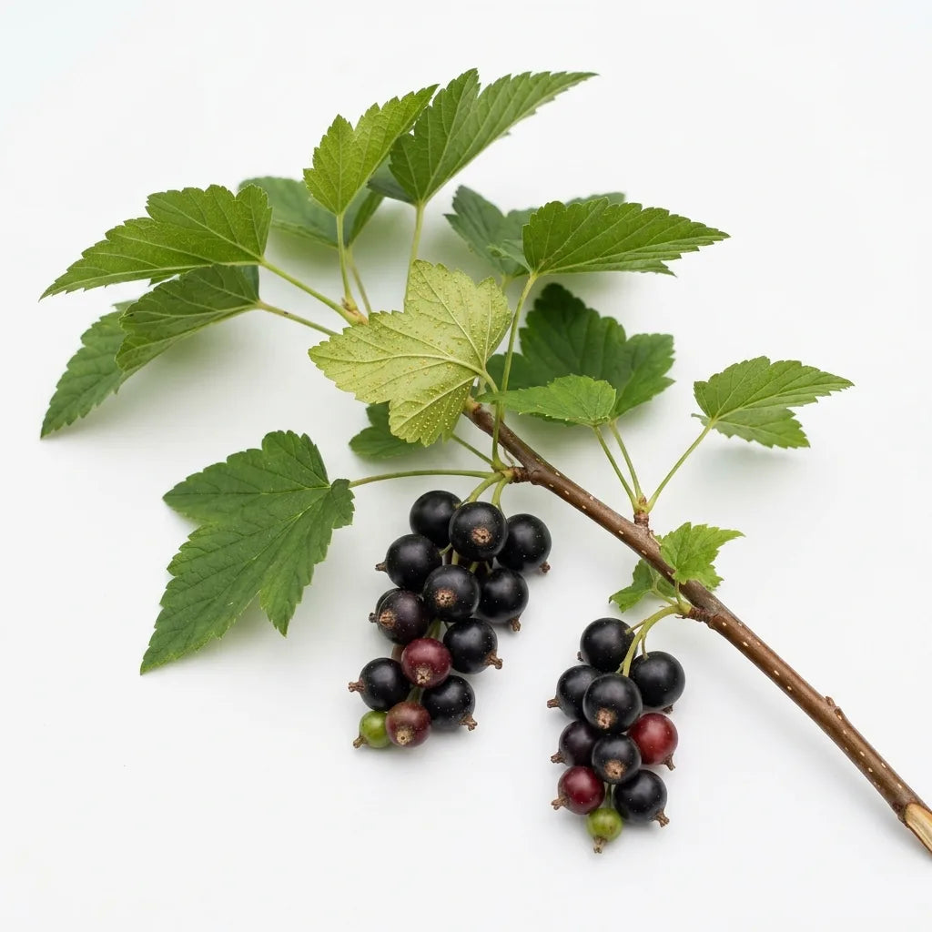 Rameau de Cassis Géant de Boskoop, grappes de baies noires et feuilles palmées, sur fond blanc — SemiSauvage