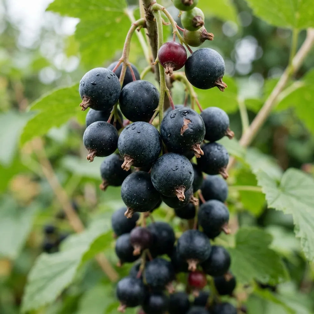Grappe de cassis mûrs couverts de pruine sous la rosée, macro — SemiSauvage