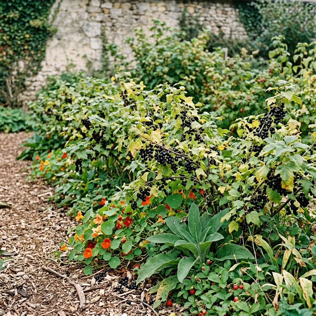 Haie fruitière de cassis dans un jardin nourricier en permaculture — SemiSauvage