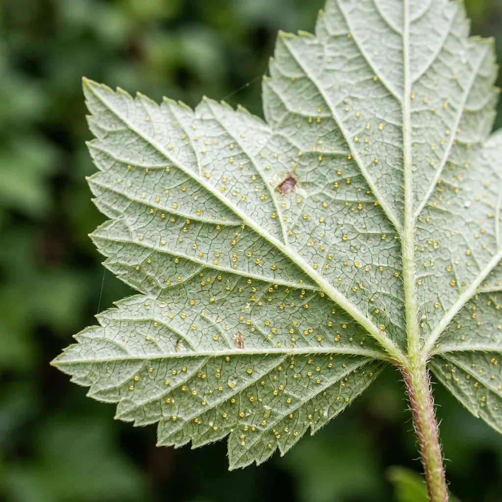 Revers d'une feuille de cassis piqueté de glandes dorées odorantes, détail botanique — SemiSauvage