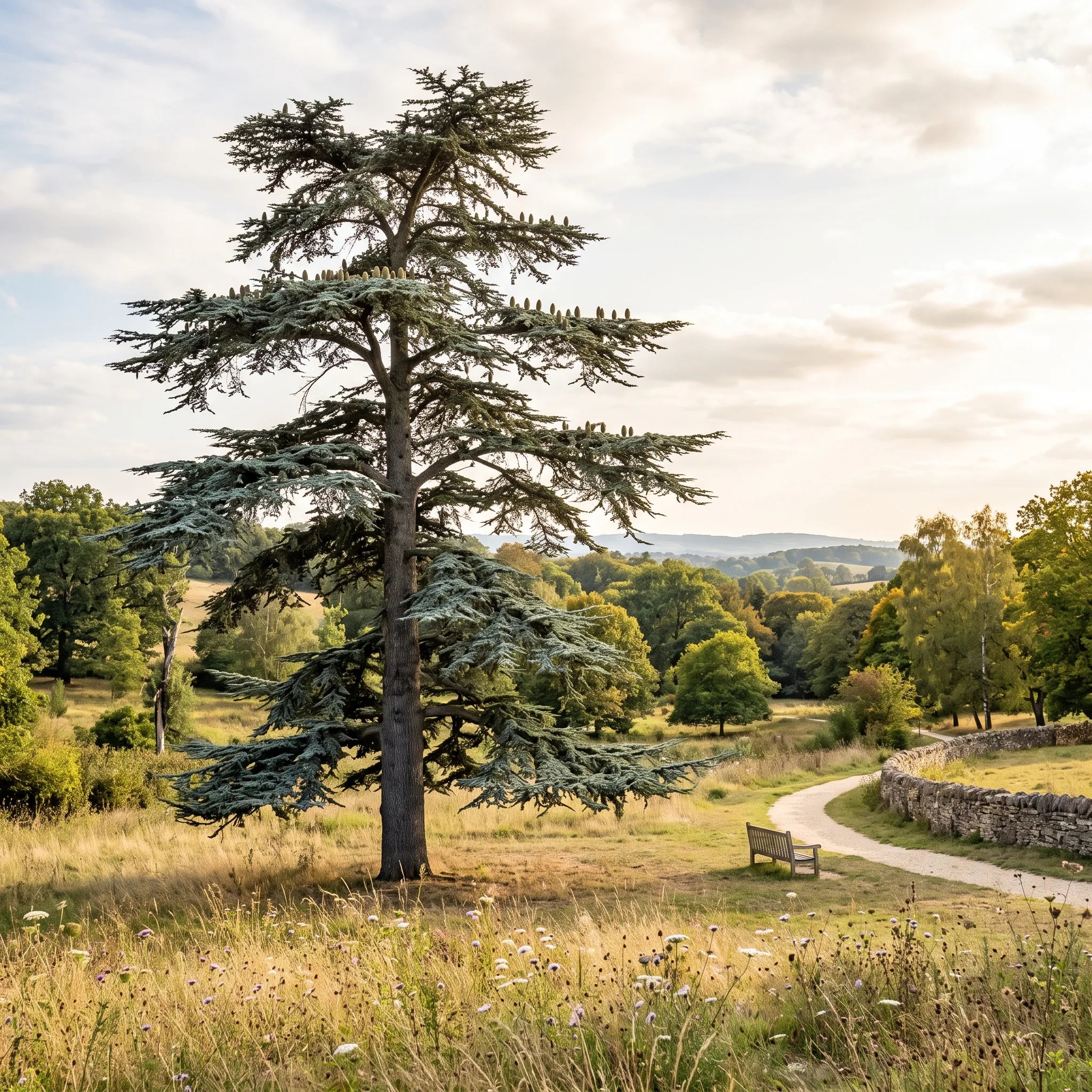 Cèdre de l'Atlas adulte aux branches étagées dans un parc de campagne — SemiSauvage