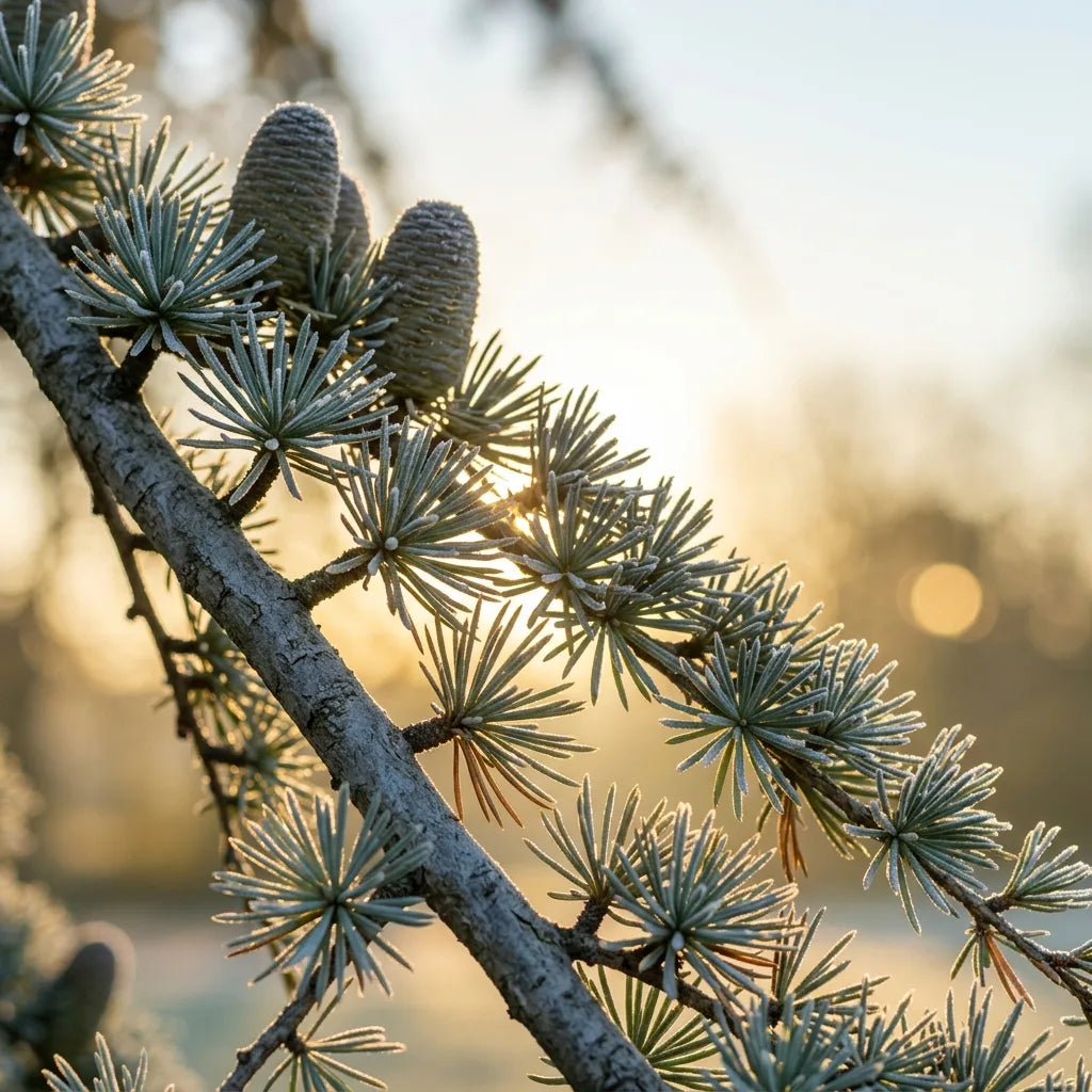 Rameaux givrés de cèdre de l'Atlas à contre-jour un matin d'hiver — SemiSauvage