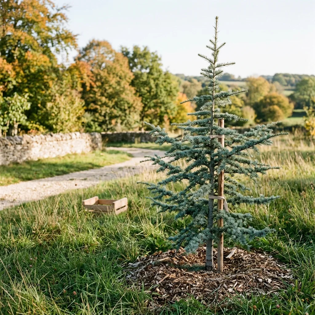 Jeune cèdre de l'Atlas planté en sujet isolé dans un grand jardin — SemiSauvage