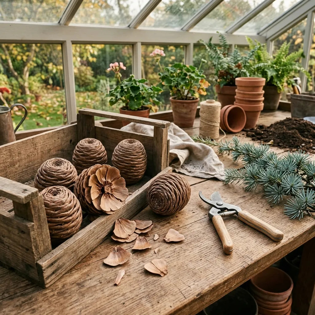 Cônes de cèdre de l'Atlas en cours de désarticulation dans un atelier de jardin — SemiSauvage